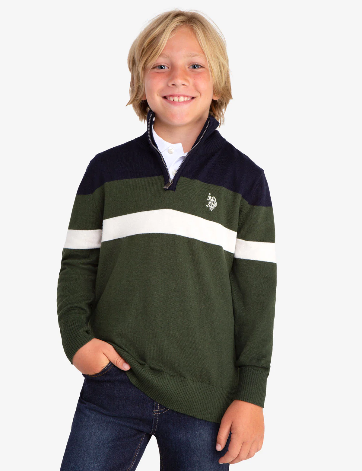 QUARTER ZIP ALL OVER STRIPED SWEATER