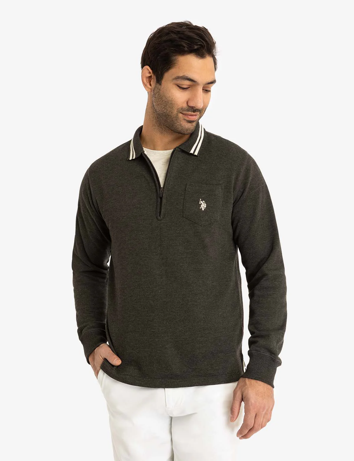 1/4 ZIP CHEST POCKET FRENCH TERRY LONG SLEEVE TOP