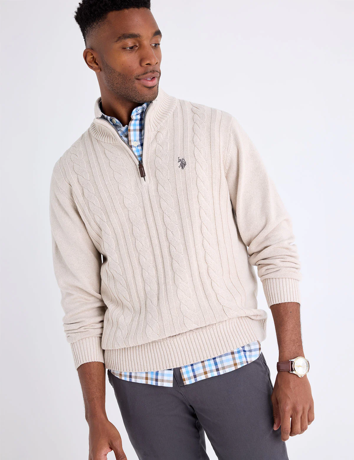 1/4 ZIP COTTON CABLE SWEATER