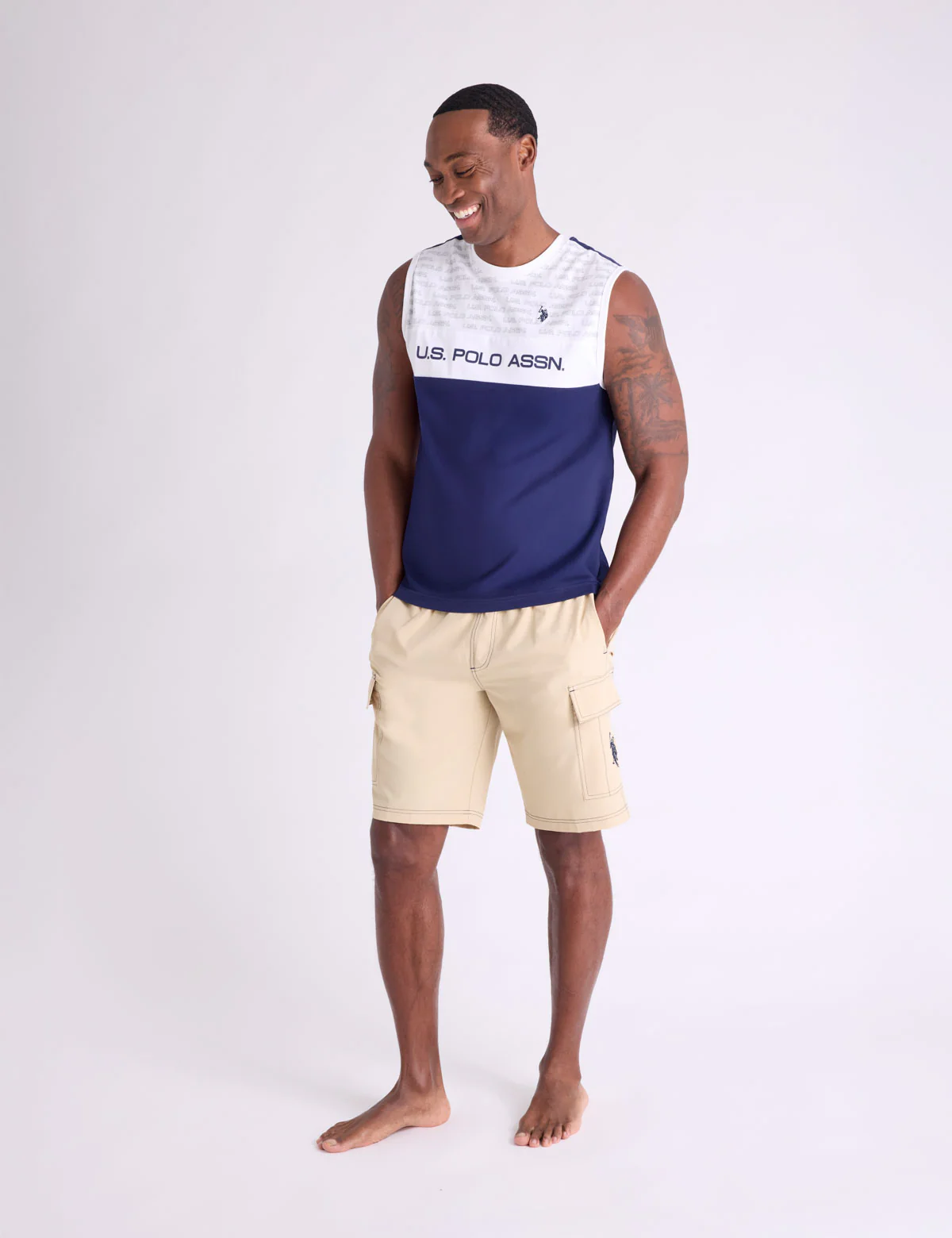 10" CONTRAST STITCH STRETCH CARGO SWIM SHORTS - Image 2