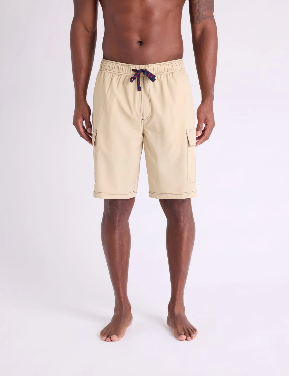 10" CONTRAST STITCH STRETCH CARGO SWIM SHORTS - Image 3