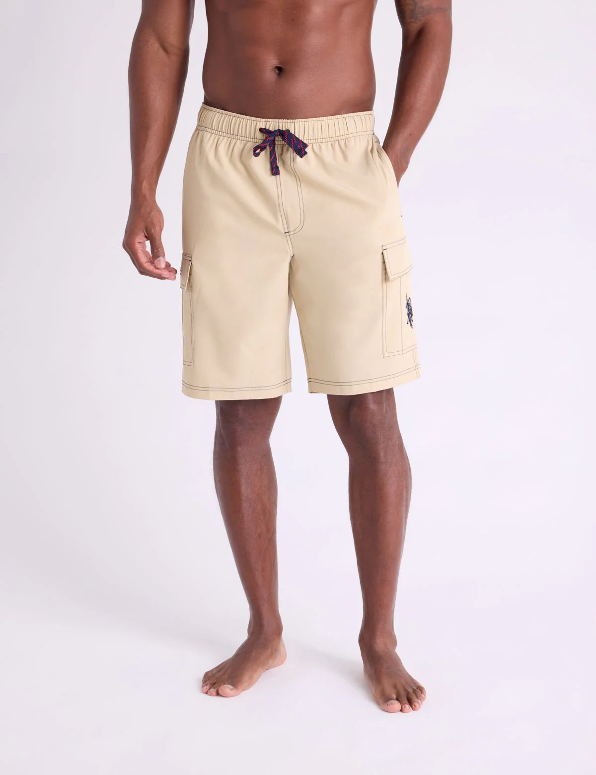 10" CONTRAST STITCH STRETCH CARGO SWIM SHORTS - Image 4