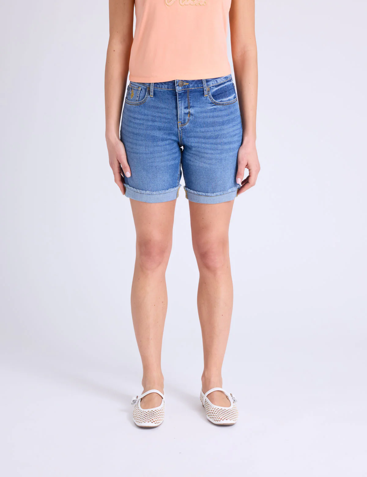 7" MID RISE MEDIUM WASH DENIM BERMUDA SHORTS