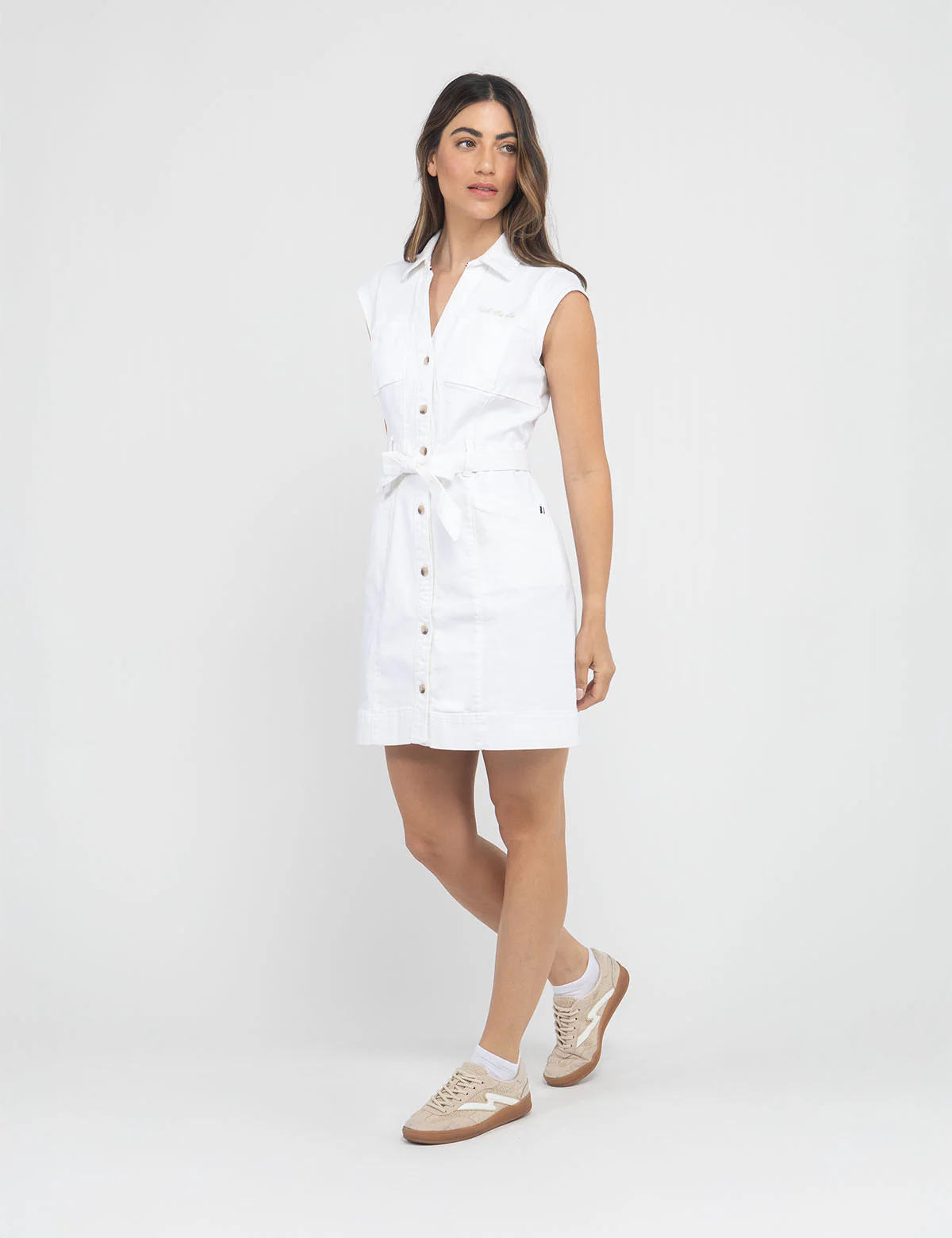 BELTED CAP SLEEVE SPLIT NECK DRESS - Image 2