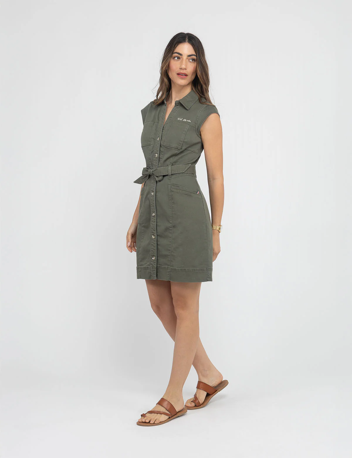 BELTED CAP SLEEVE SPLIT NECK DRESS - Image 6