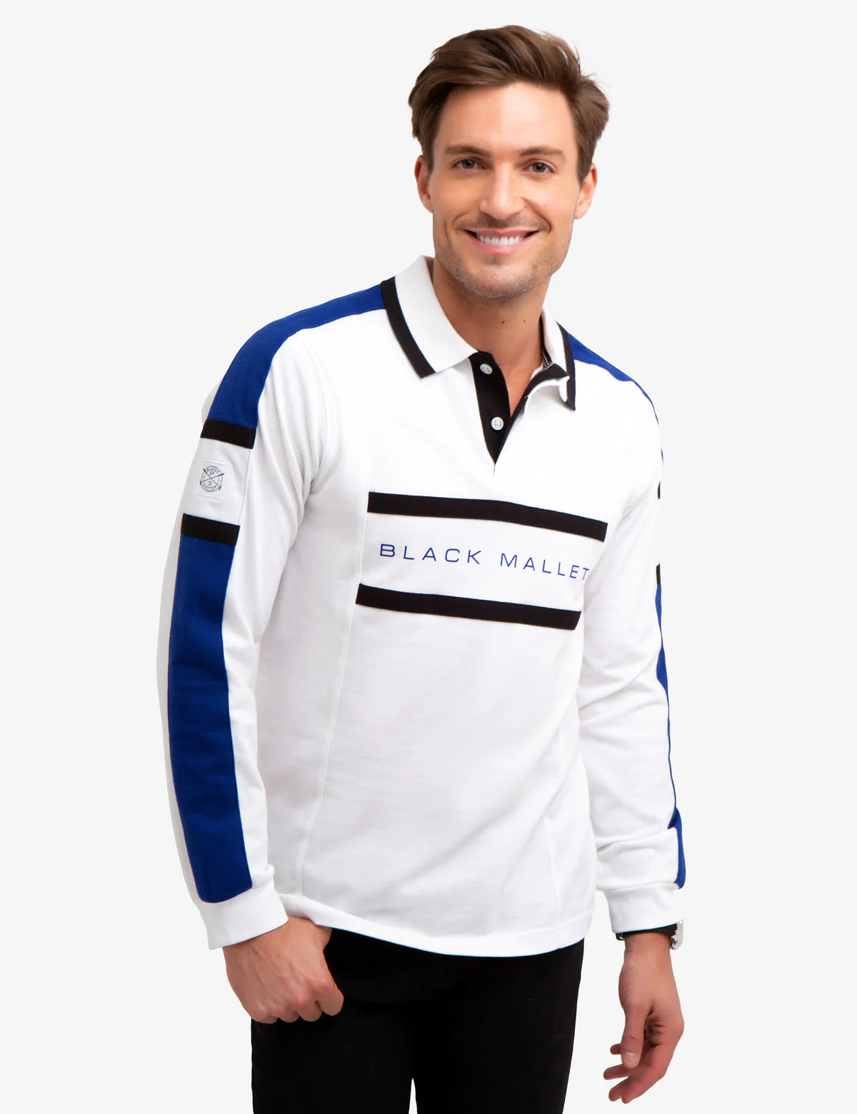 BLACK MALLET CHEST STRIPE LONG SLEEVE POLO SHIRT