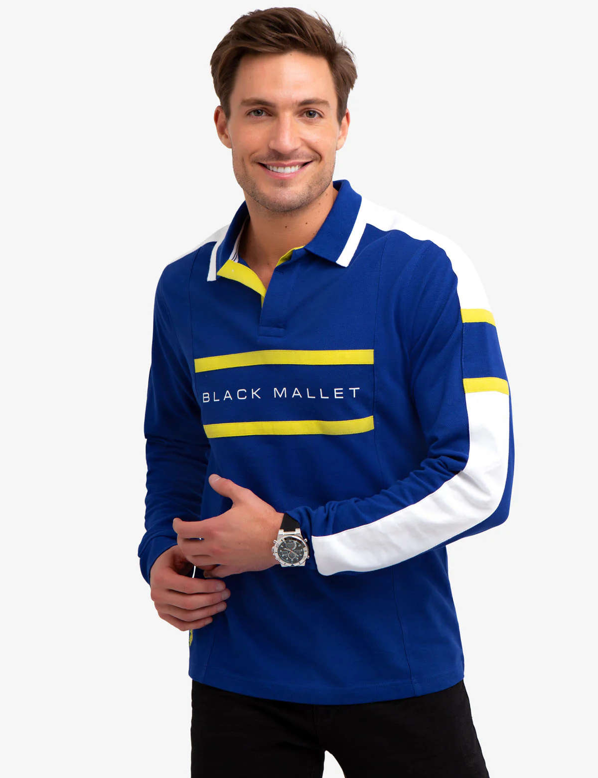 BLACK MALLET CHEST STRIPE LONG SLEEVE POLO SHIRT - Image 4