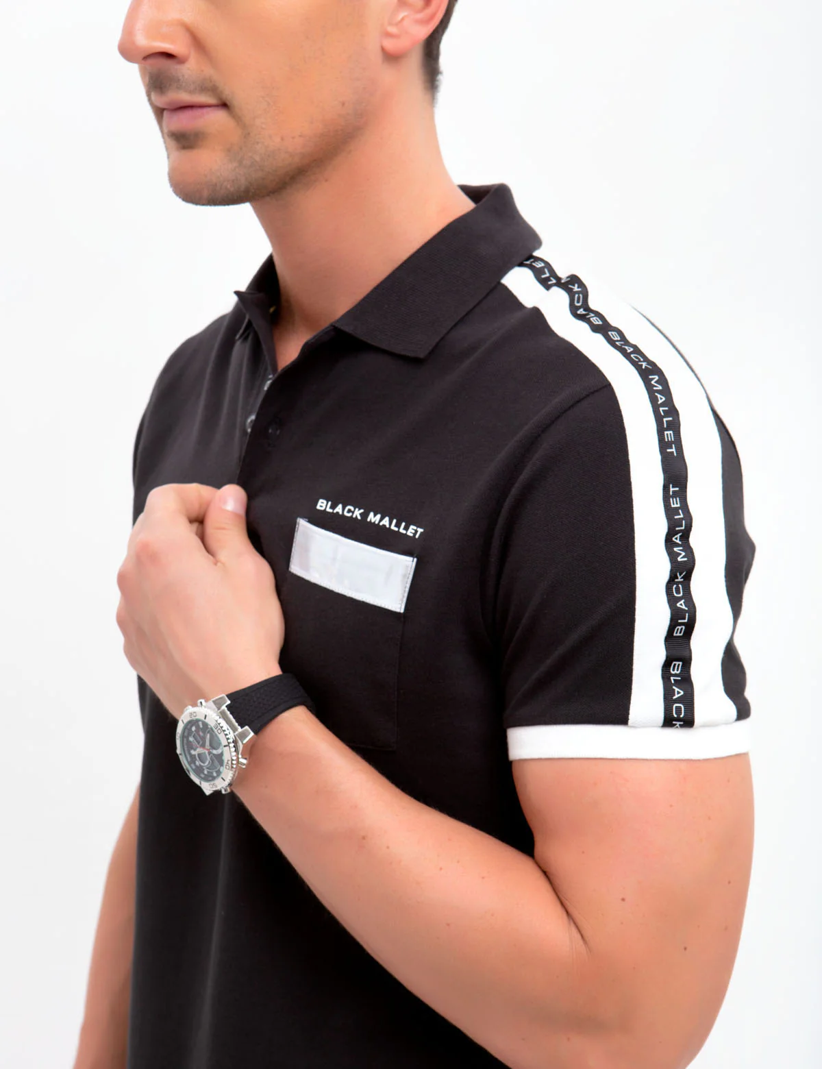 BLACK MALLET SLEEVE PANEL POLO SHIRT - Image 6
