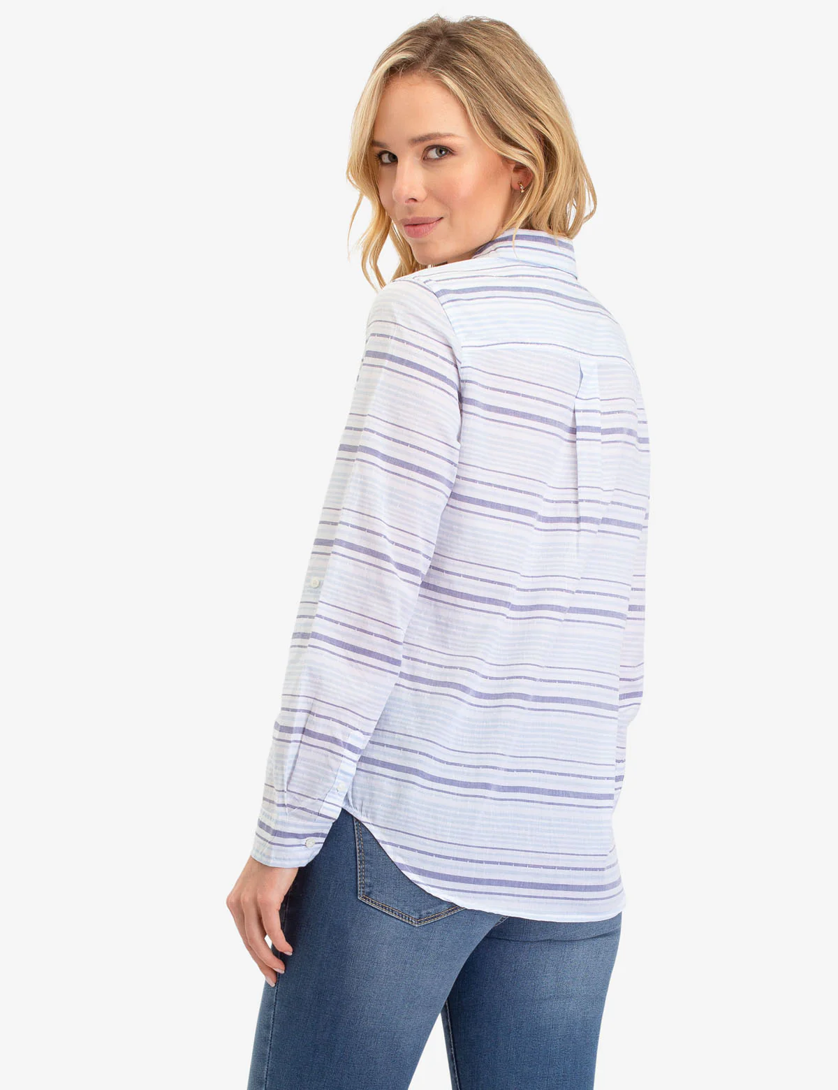 BLUE STRIPED LACE BACK LONG SLEEVE SHIRT - Image 3