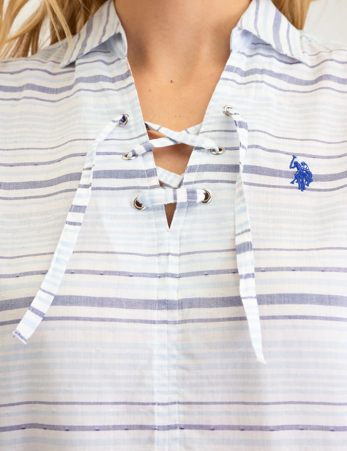 BLUE STRIPED LACE BACK LONG SLEEVE SHIRT - Image 4