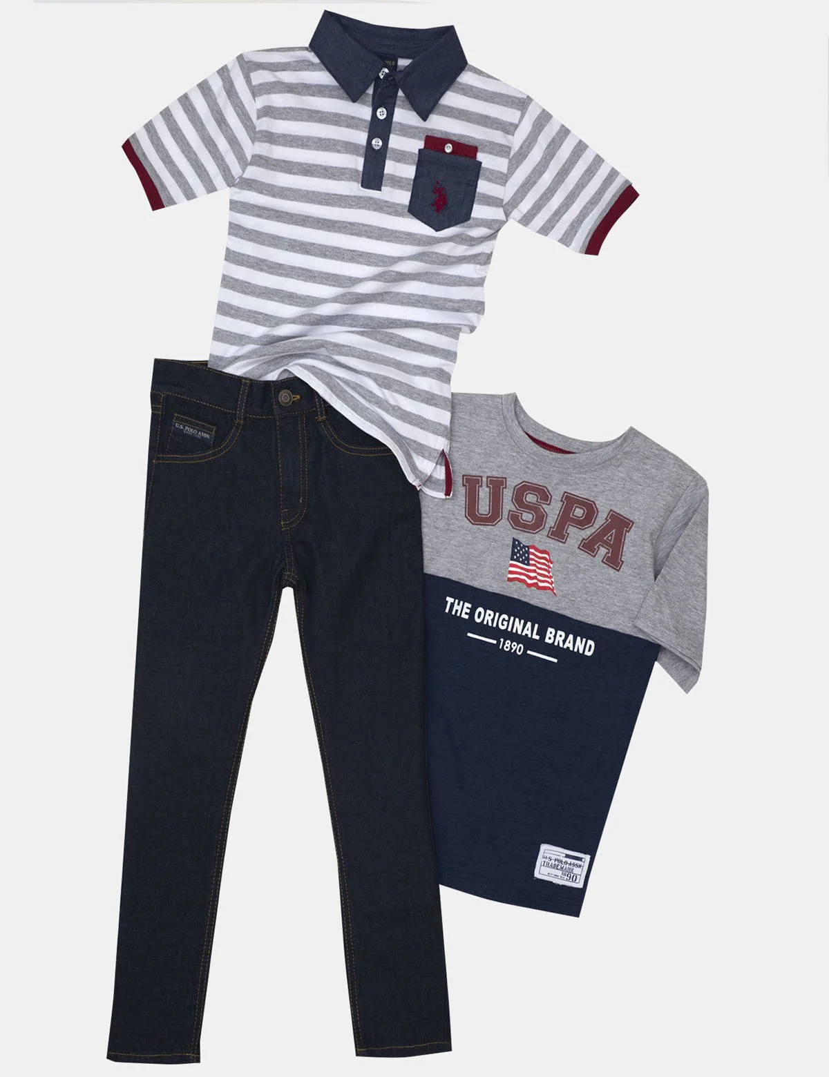 BOYS 3 PIECE POLO SHIRT, TEE & DENIM PANT SET - Image 2