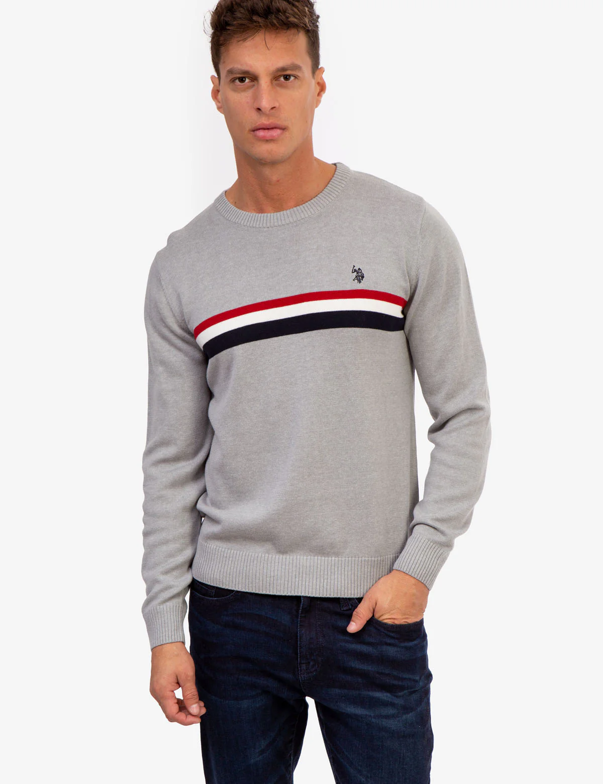 CHEST STRIPE CREW NECK SWEATER
