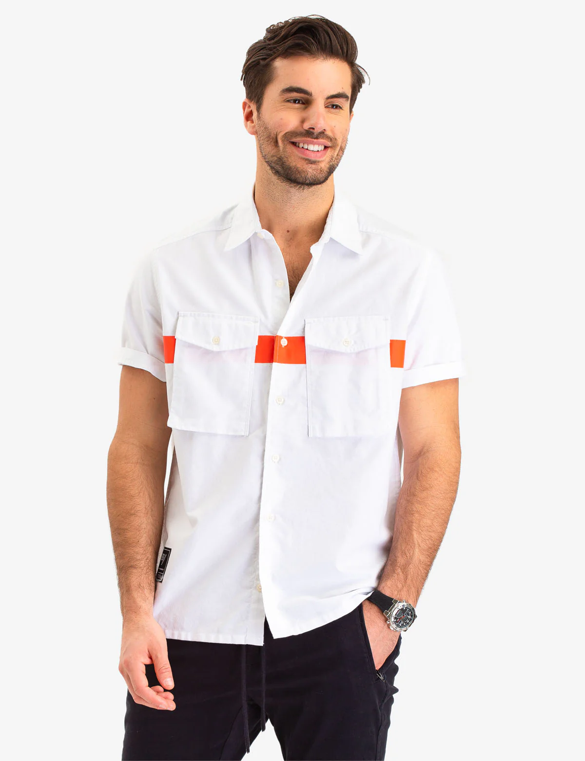 CHEST STRIPE TWO POCKET SHORT SLEEVE SHIRT