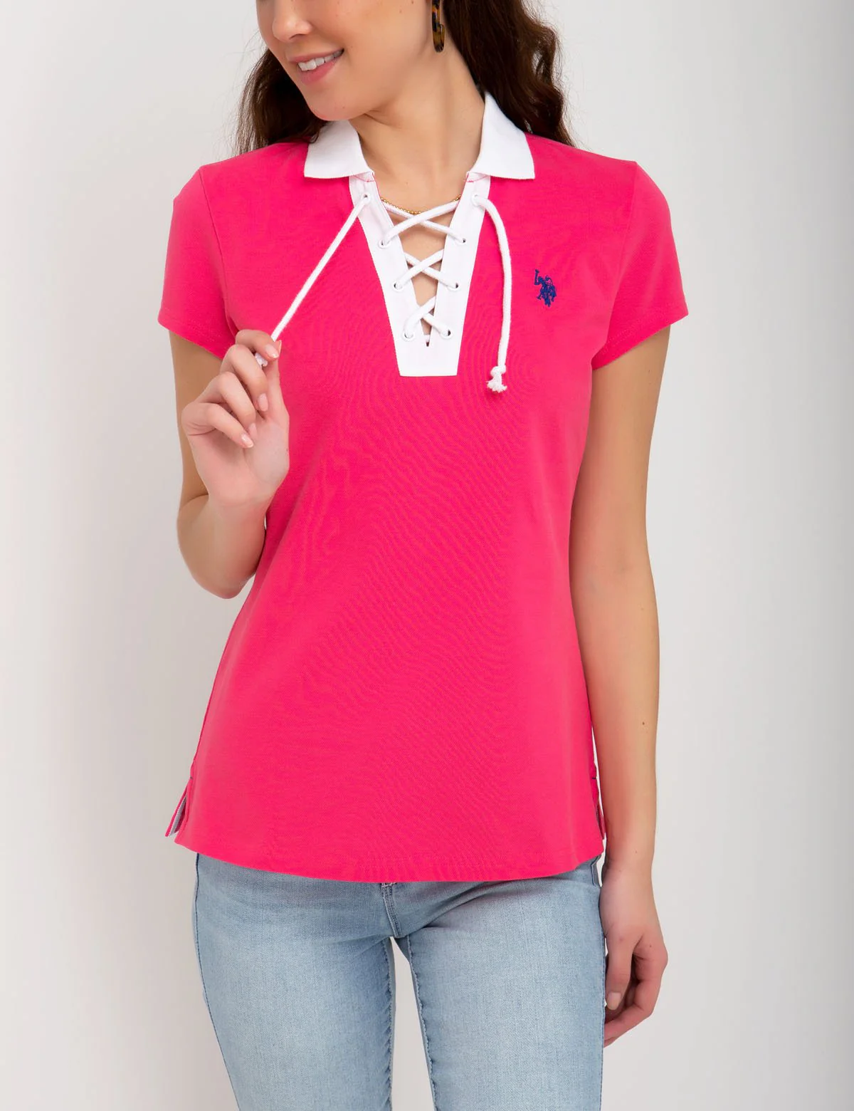 CONTRAST LACE UP POLO SHIRT - Image 7