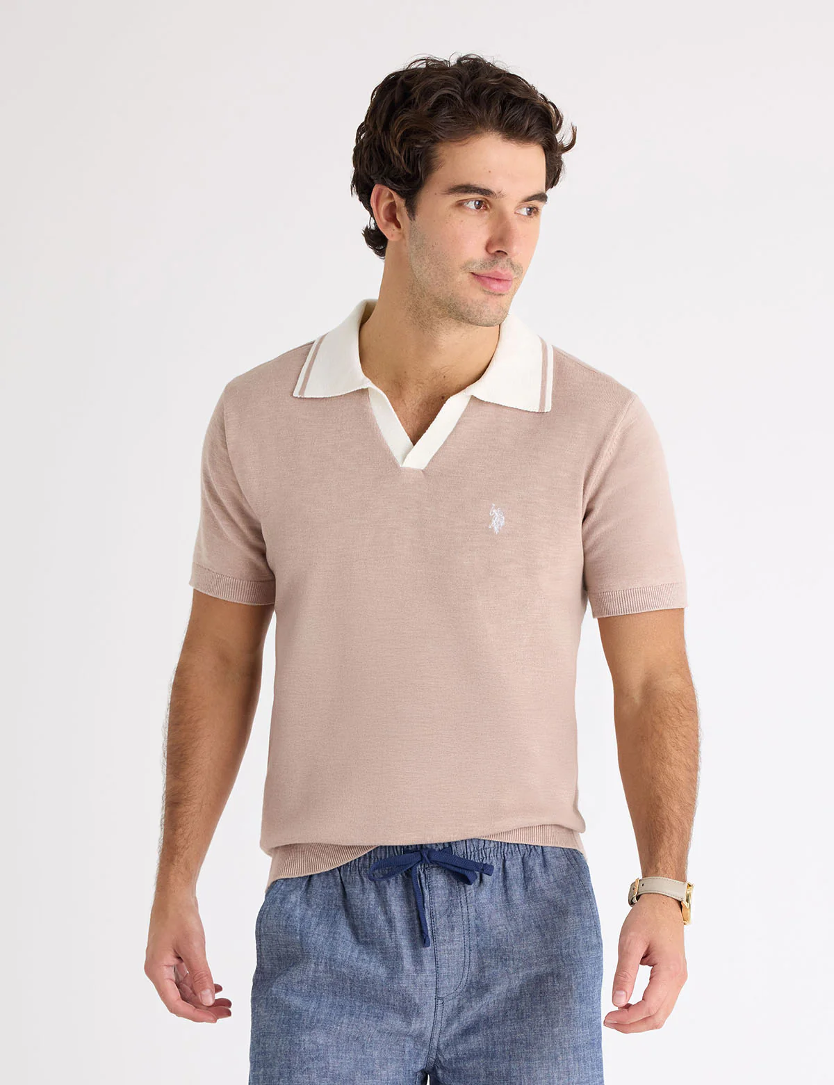 COTTON SLUB JOHNNY COLLAR SWEATER POLO SHIRT