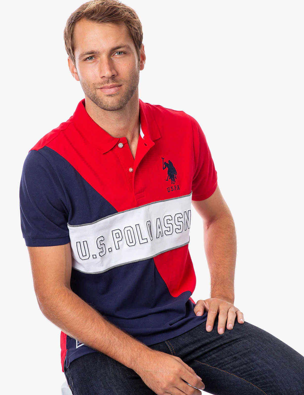 EMBOSSED CHEST LOGO DIAGONAL COLORBLOCK POLO SHIRT - Image 10