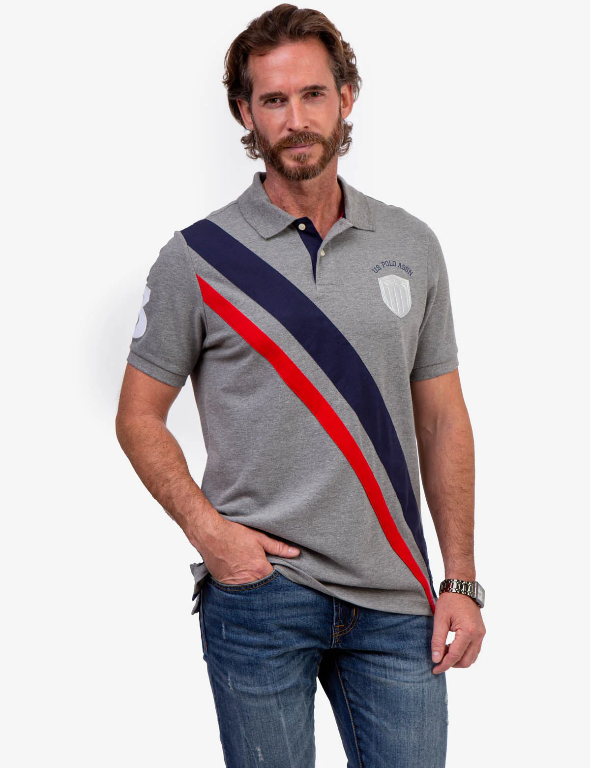 DIAGONAL PIECED PIQUE POLO SHIRT