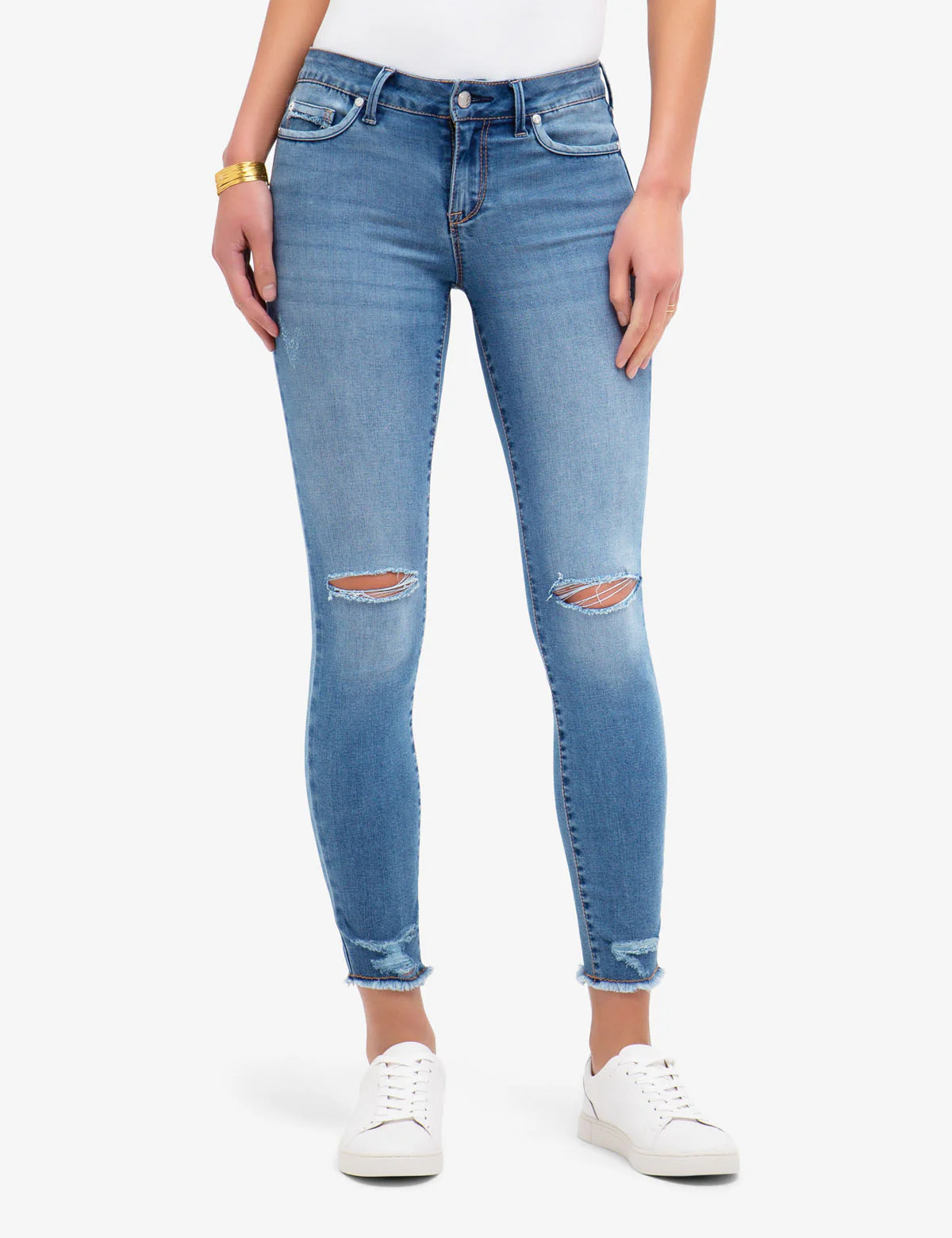 REPREVE® MID RISE FRAYED SKINNY JEANS