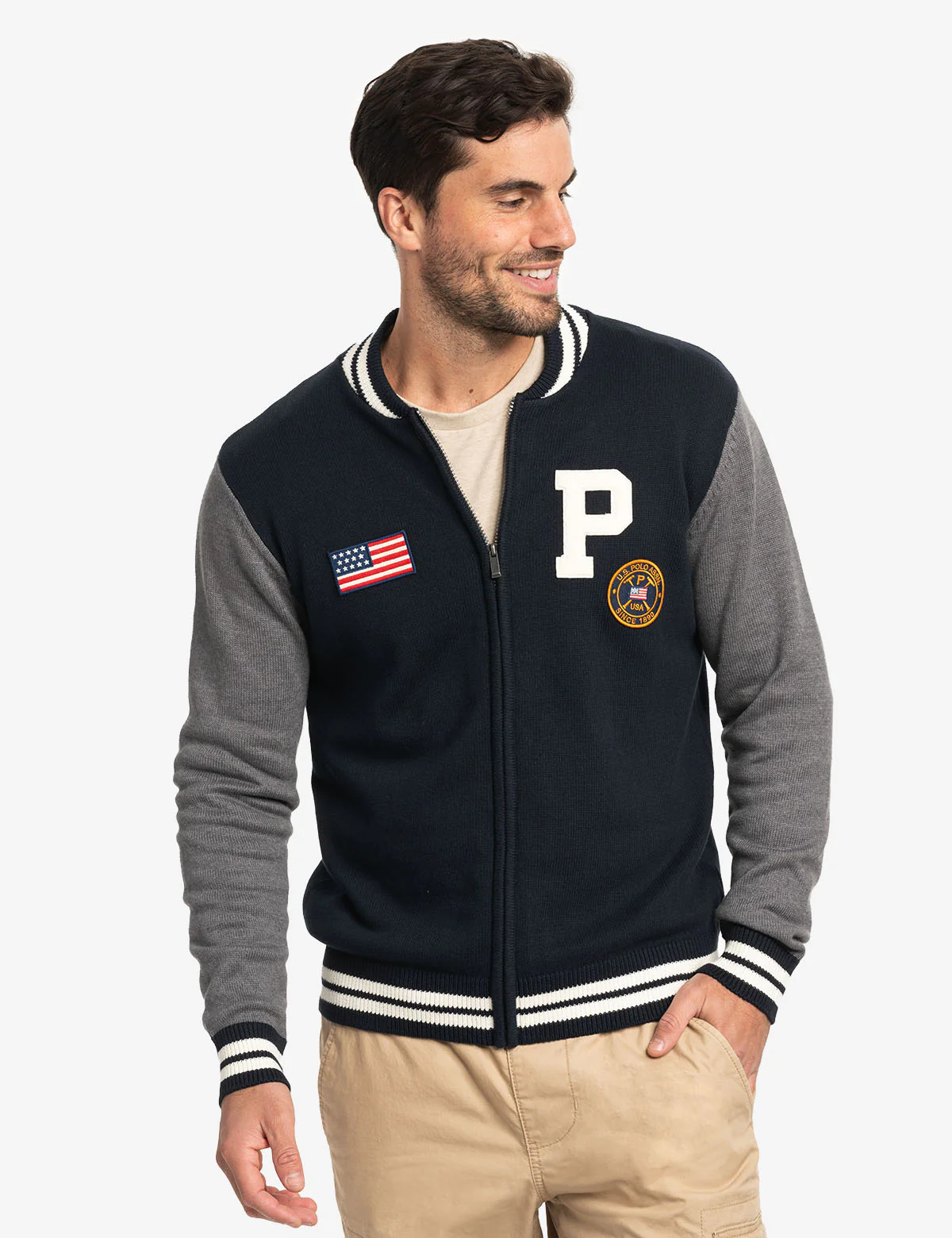FULL ZIP PATCH VARSITY SWEATER