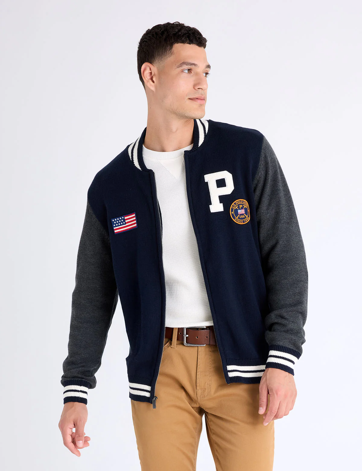 FULL ZIP PATCH VARSITY SWEATER