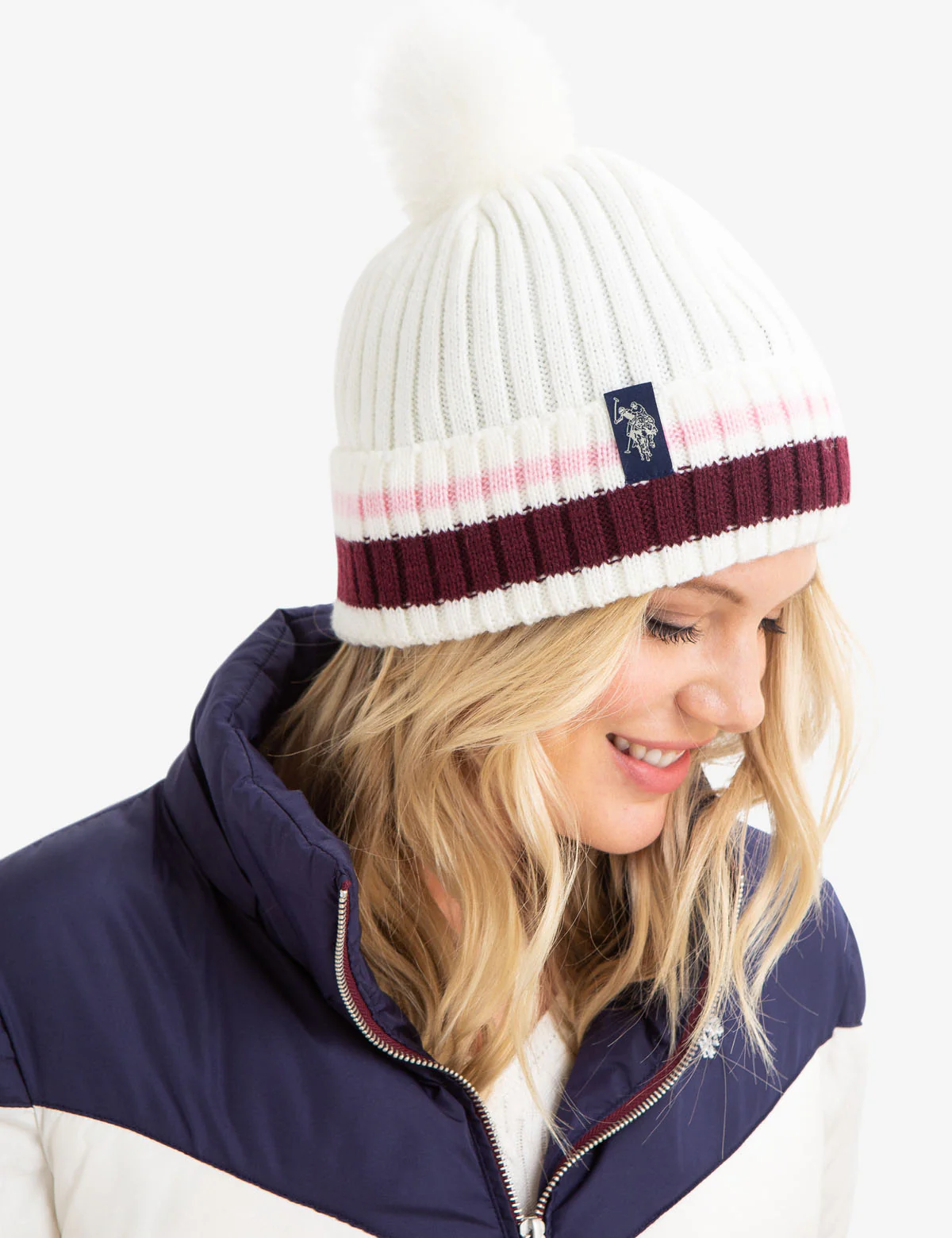 STRIPED CUFF BEANIE WITH FAUX FUR POM POM - Image 2