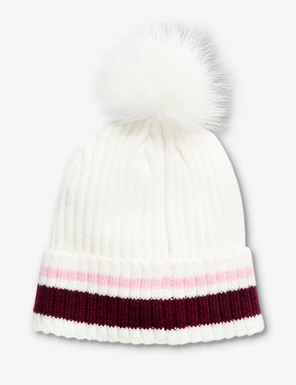 STRIPED CUFF BEANIE WITH FAUX FUR POM POM - Image 3