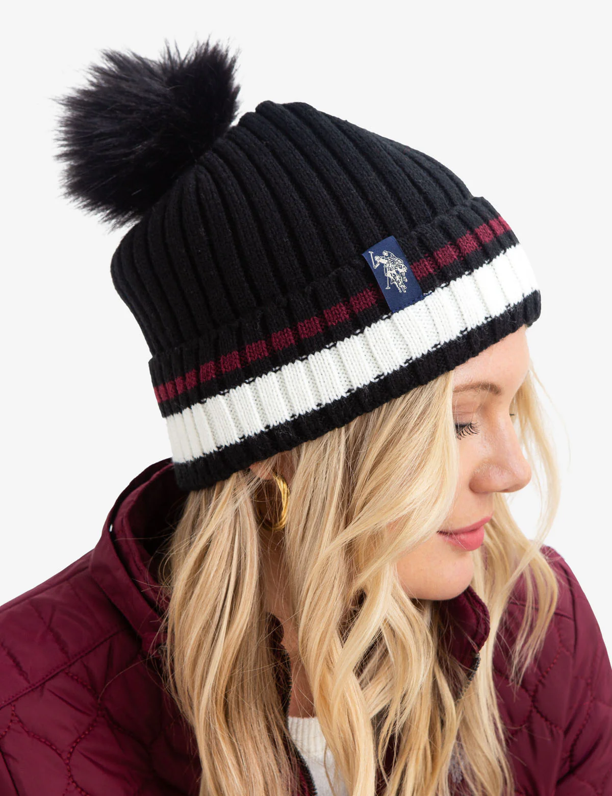 STRIPED CUFF BEANIE WITH FAUX FUR POM POM - Image 5