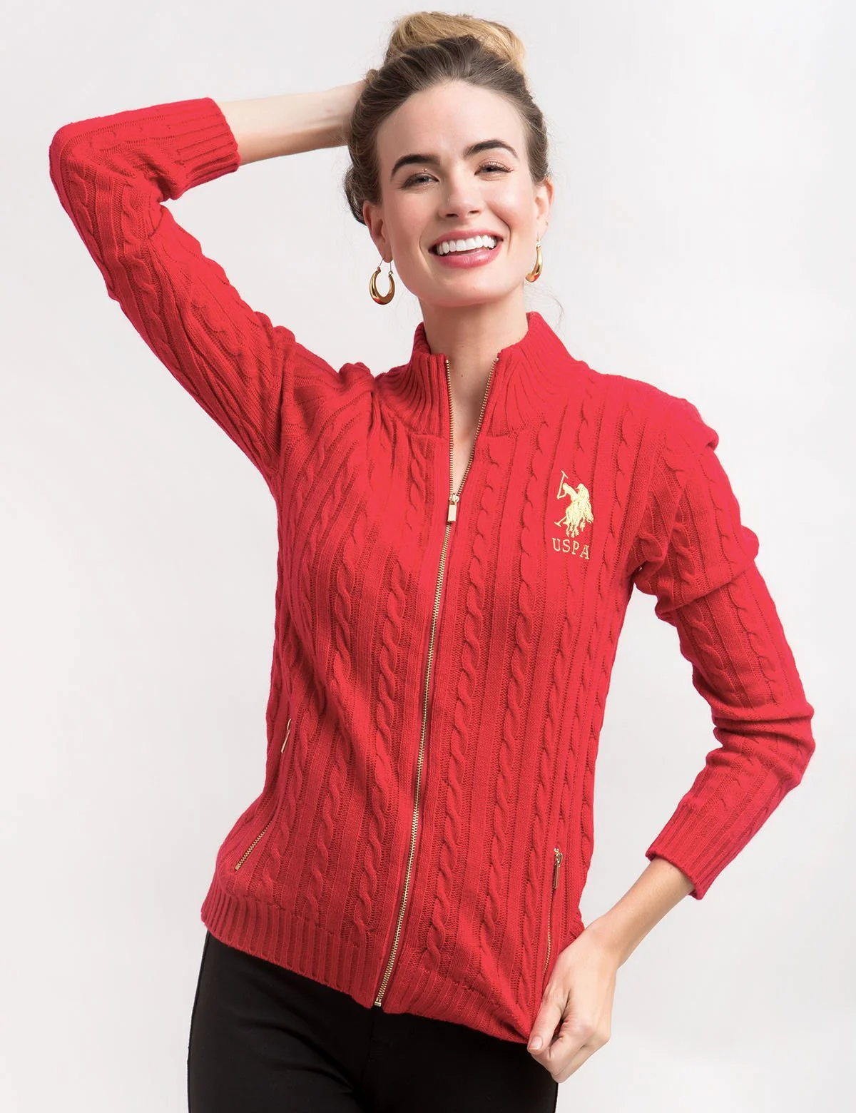 Gold Logo Full Zip Cable Sweater - Image 4