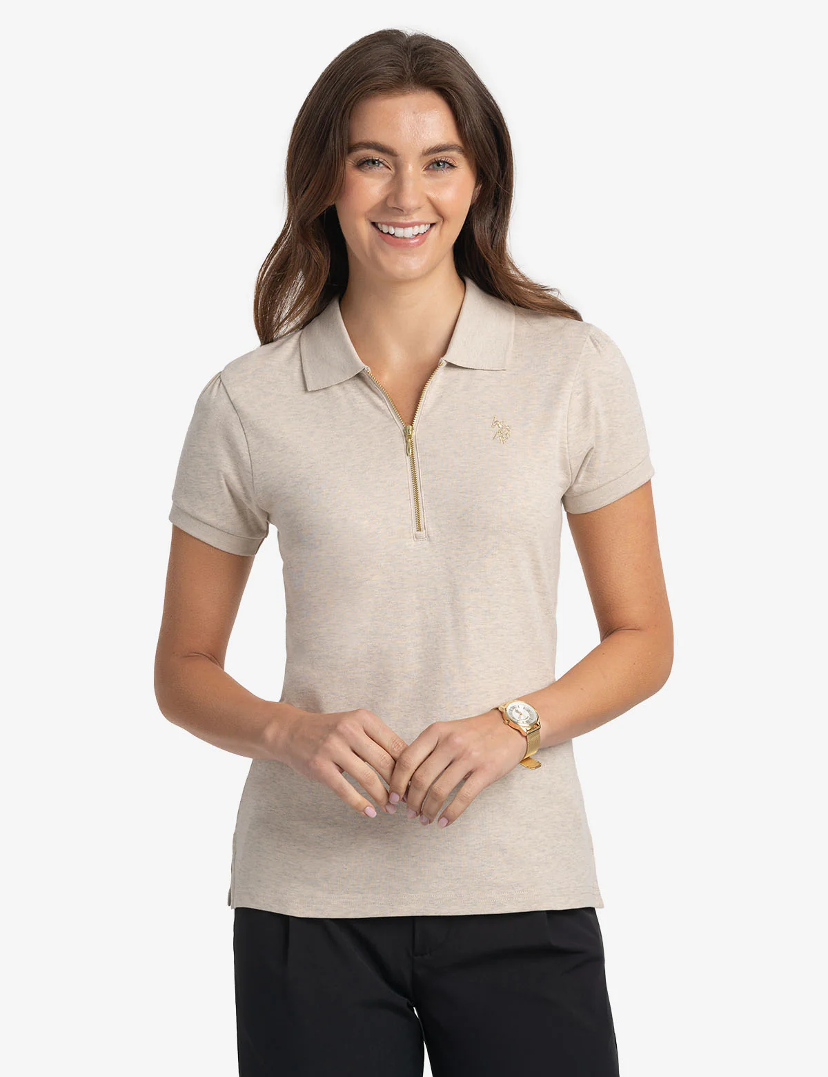 HALF ZIP PUFF SLEEVE HEATHER POLO SHIRT - Image 6