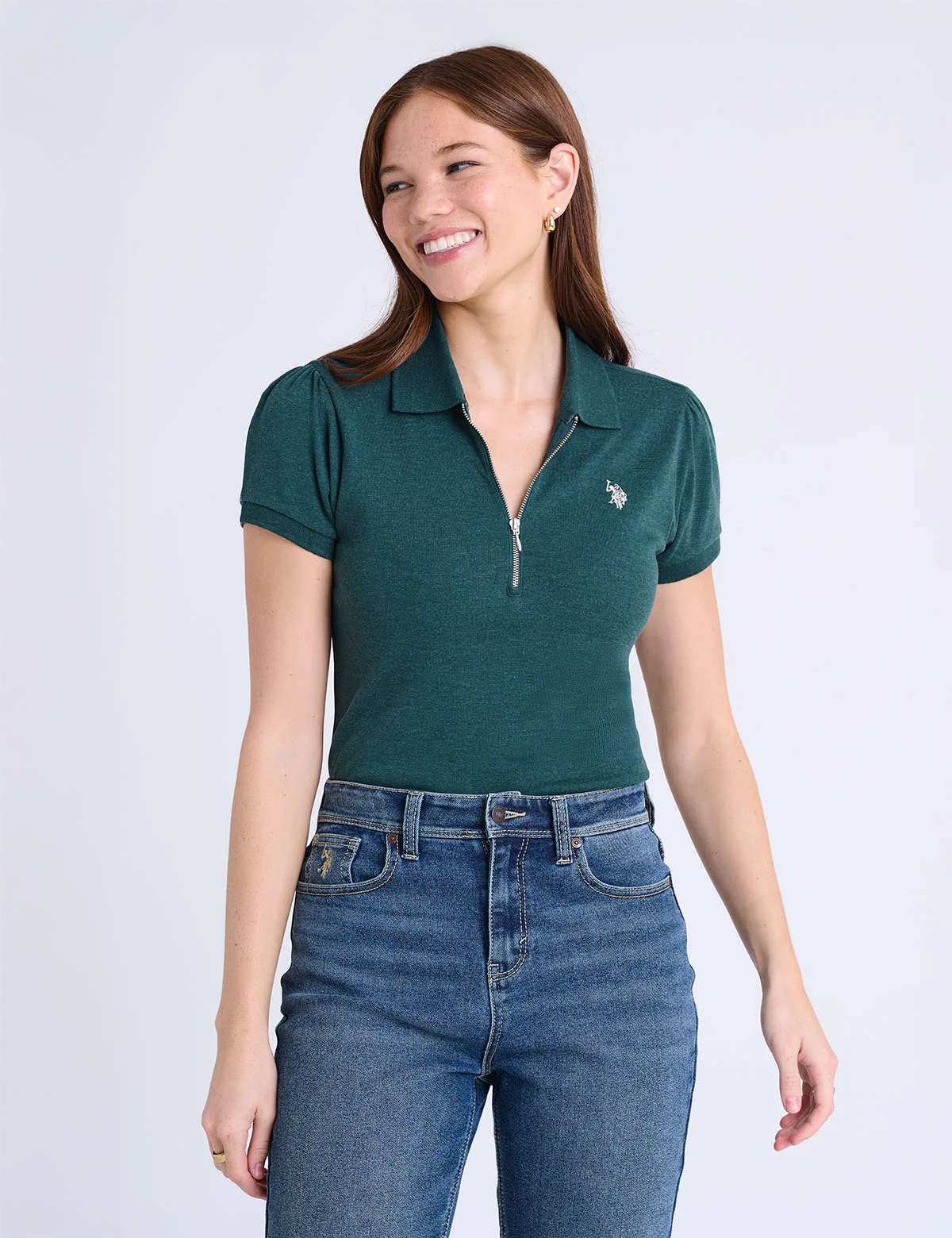 HALF ZIP PUFF SLEEVE HEATHER POLO SHIRT - Image 11