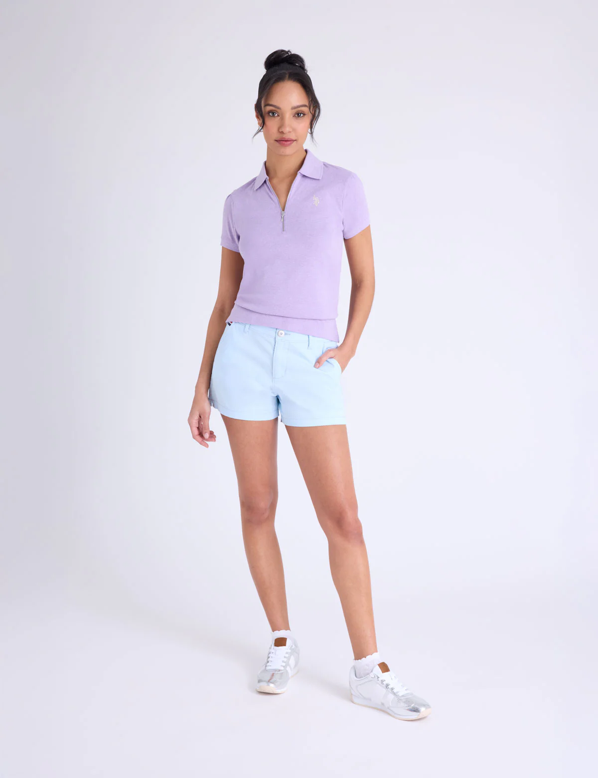 HALF ZIP PUFF SLEEVE HEATHER POLO SHIRT - Image 5