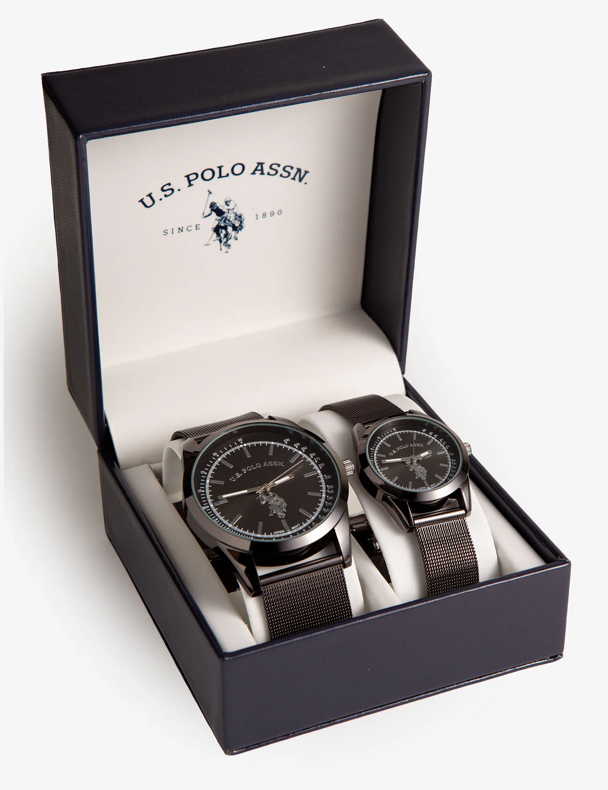 HIS AND HERS GUNMETAL MESH BRACELET WATCH SET