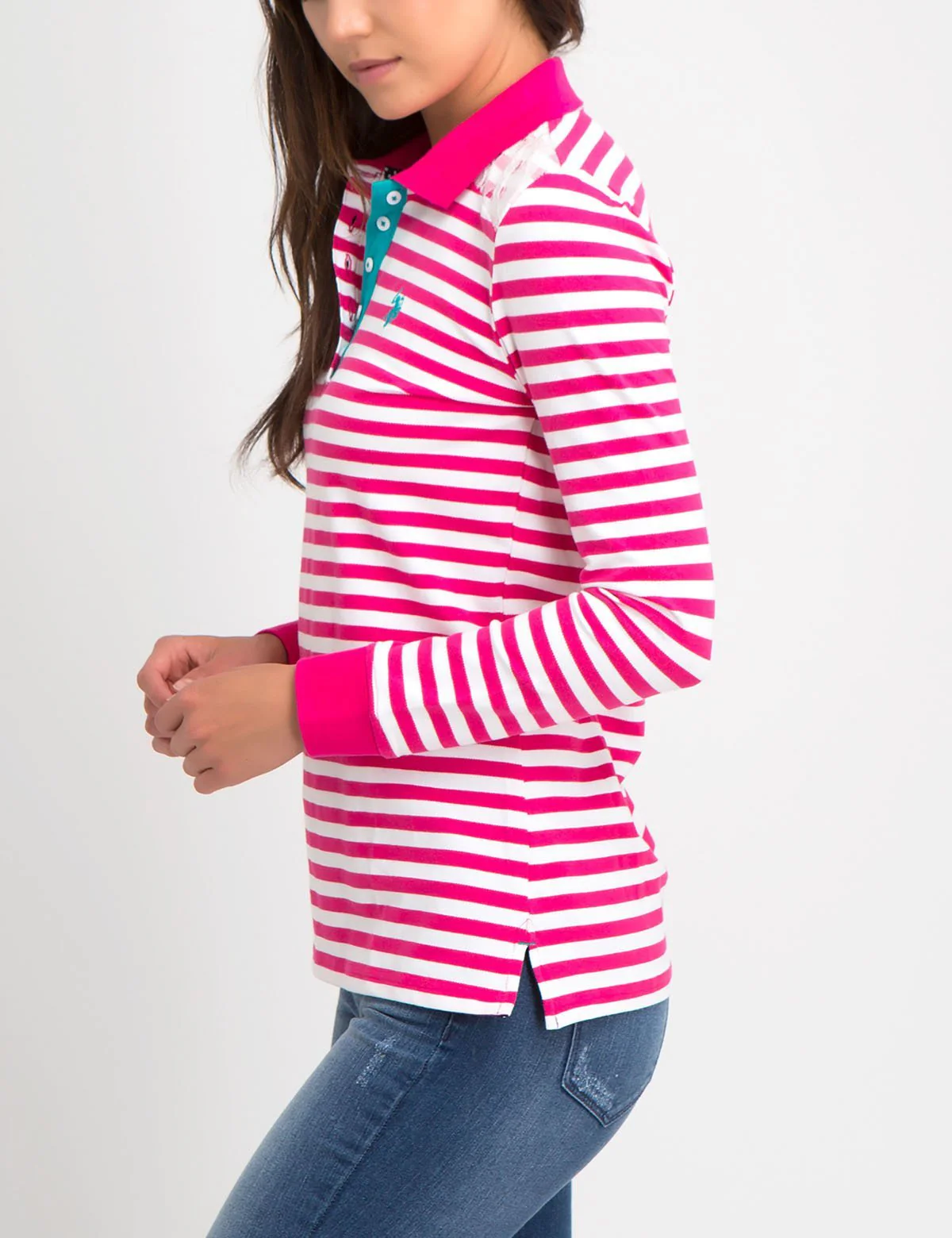LACE TRIM STRIPE LONG SLEEVE POLO SHIRT - Image 2