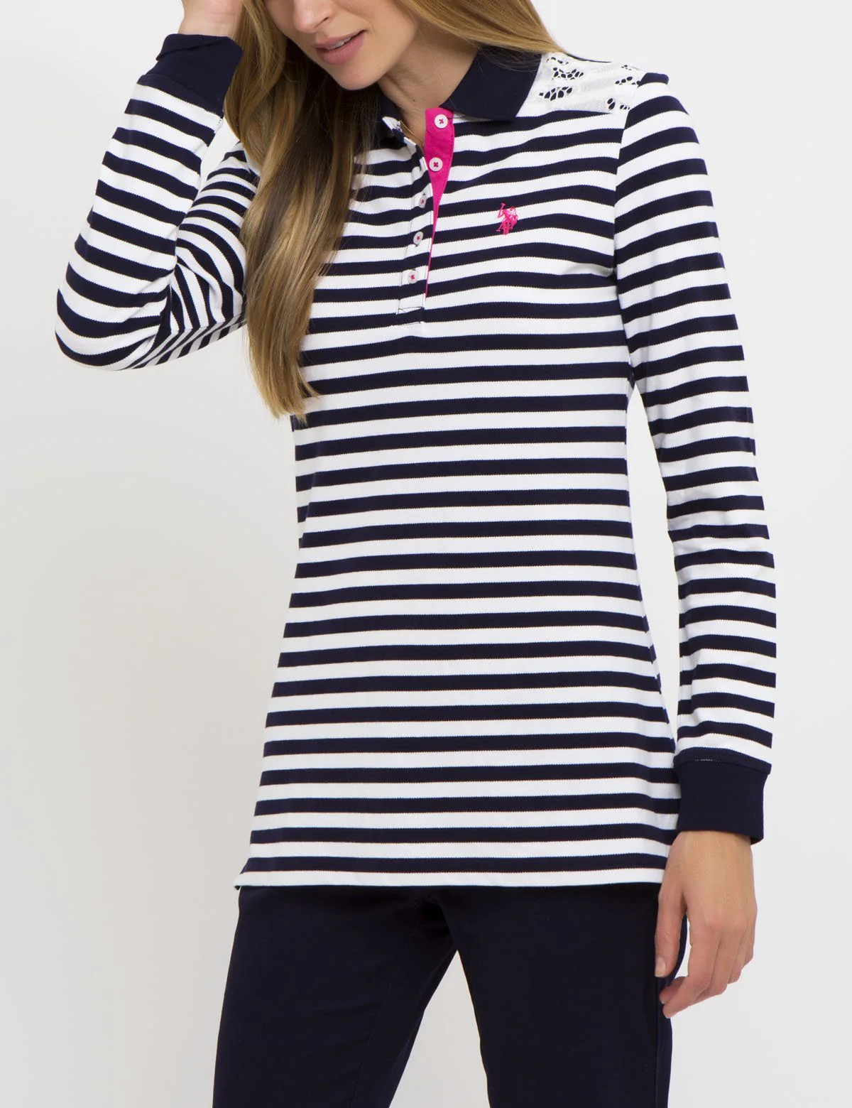 LACE TRIM STRIPE LONG SLEEVE POLO SHIRT - Image 5