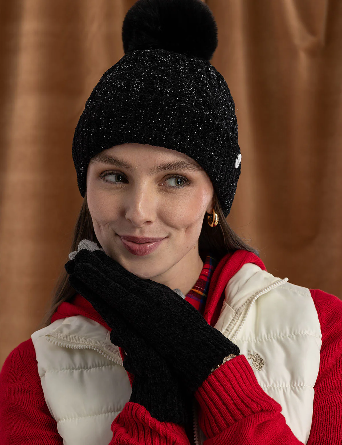 LADIES POM POM FLEECE BEANIE AND GLOVE SET