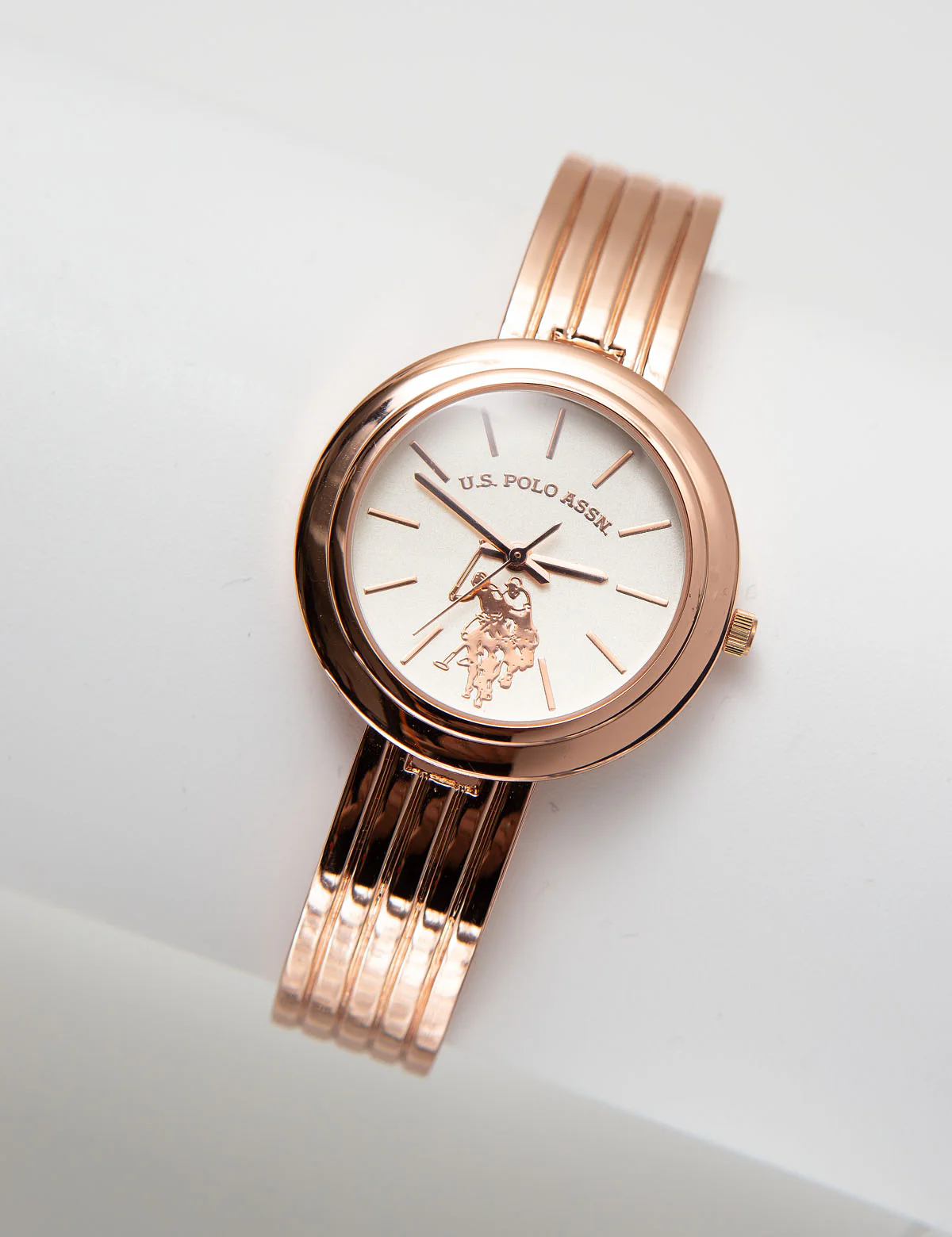 LADIES RIBBED ROSE GOLDTONE BANGLE WATCH