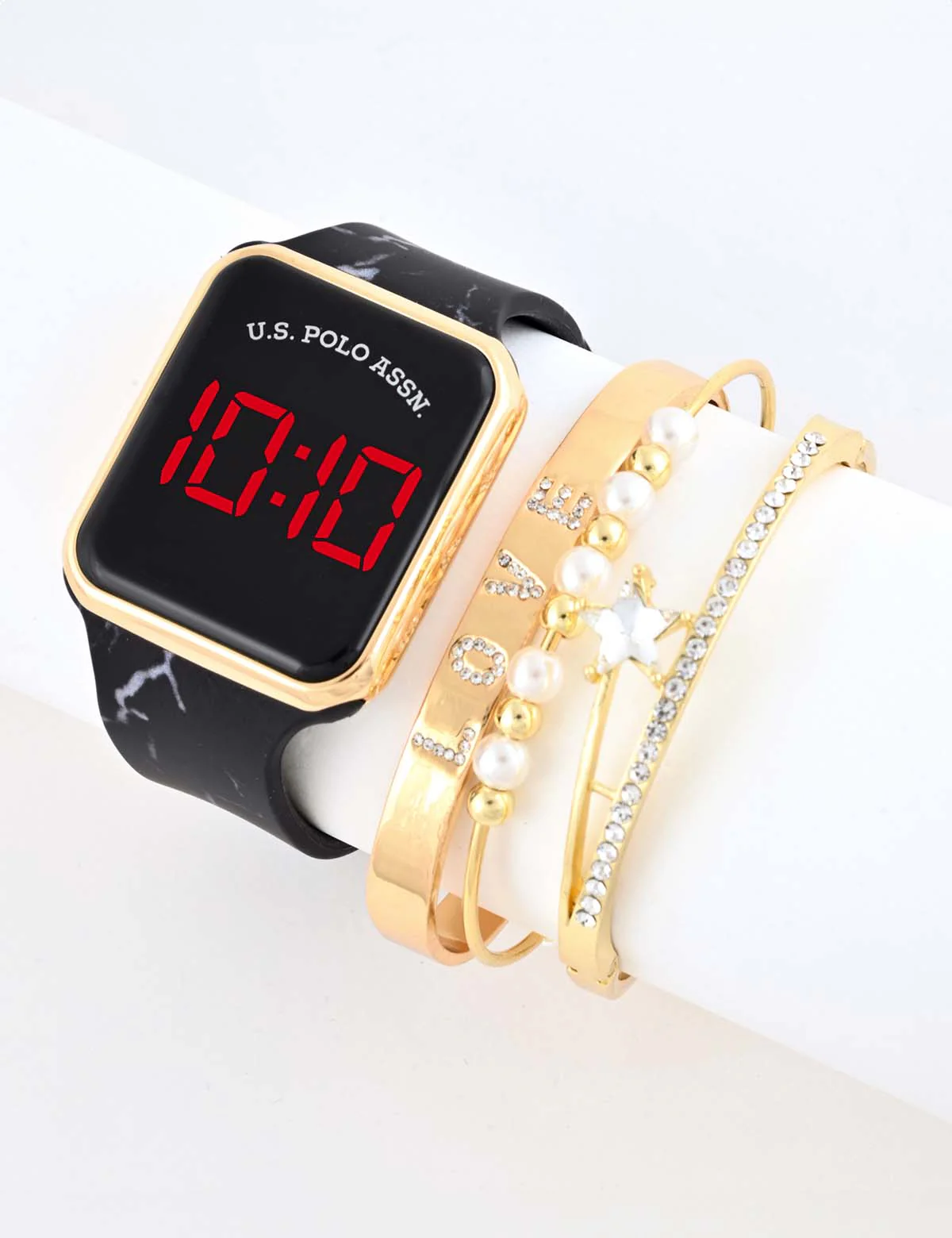 LADIES LED SQUARE FACE WATCH & STACKABLE BRACELETS SET