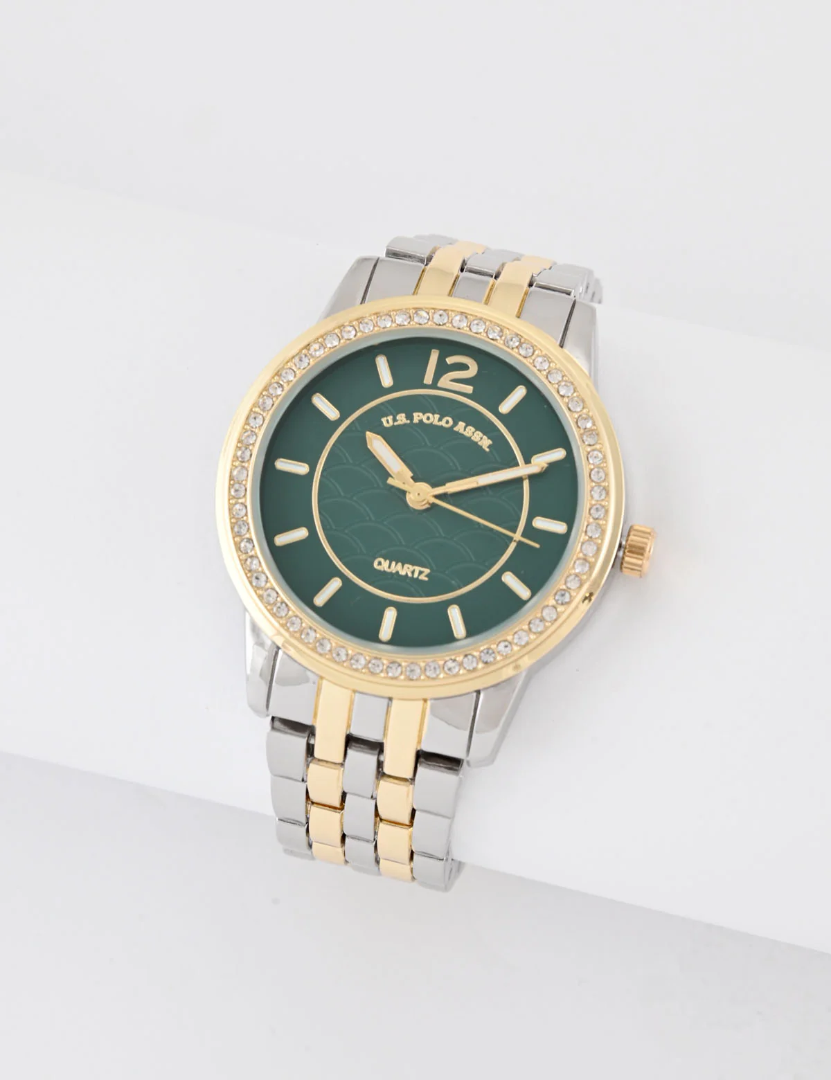 LADIES SILVER AND GOLD LINK WATCH WITH GREEN FACE