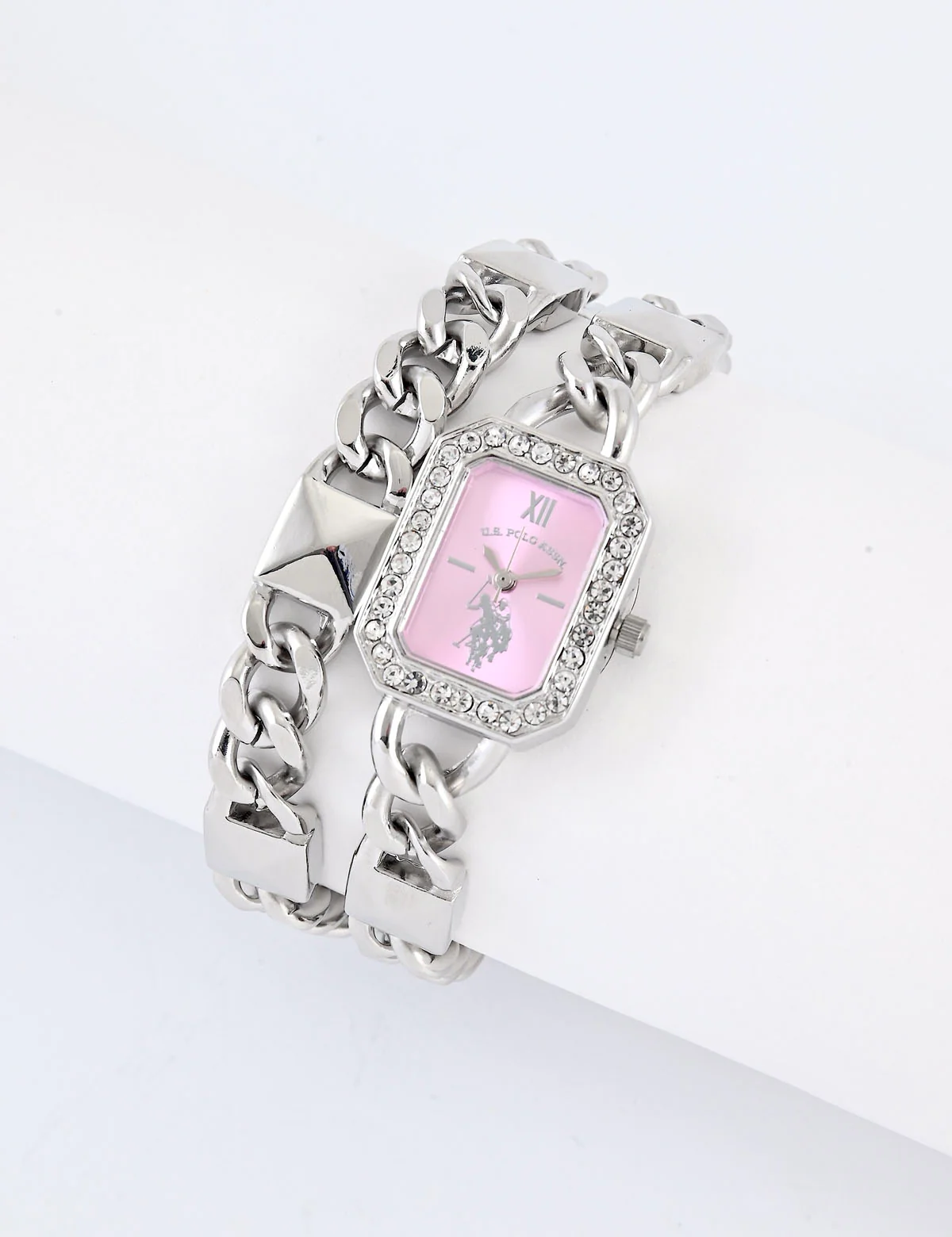 LADIES SILVER AND PINK BRACELET WATCH