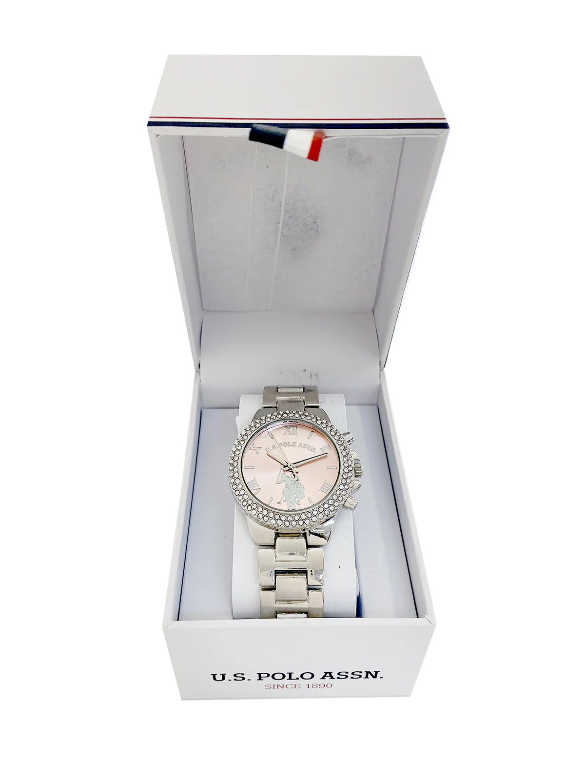 LADIES SILVER EMBELLISHED WATCH WITH PINK FACE - Image 2