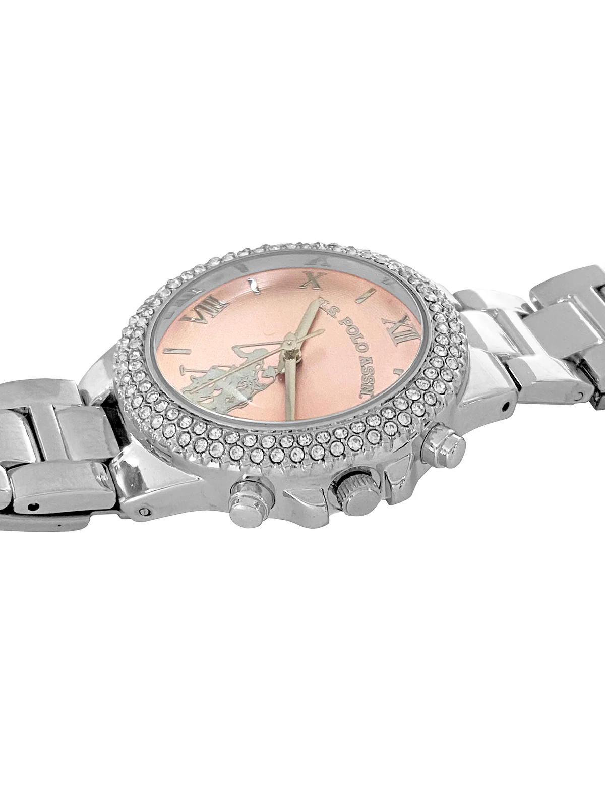 LADIES SILVER EMBELLISHED WATCH WITH PINK FACE - Image 3