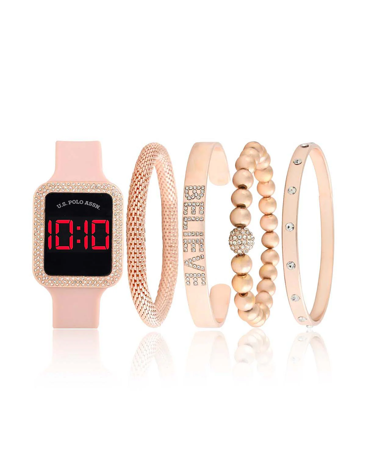LADIES LED SQUARE EMBELLISHED WATCH & BRACELETS SET - Image 3