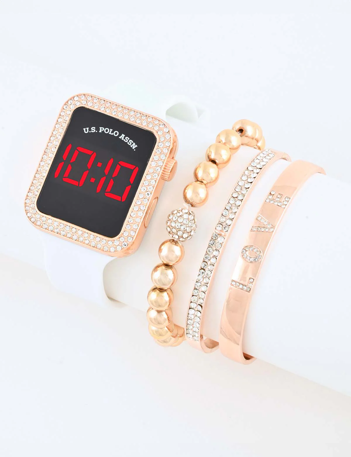 LADIES LED SQUARE EMBELLISHED WATCH & BRACELETS SET