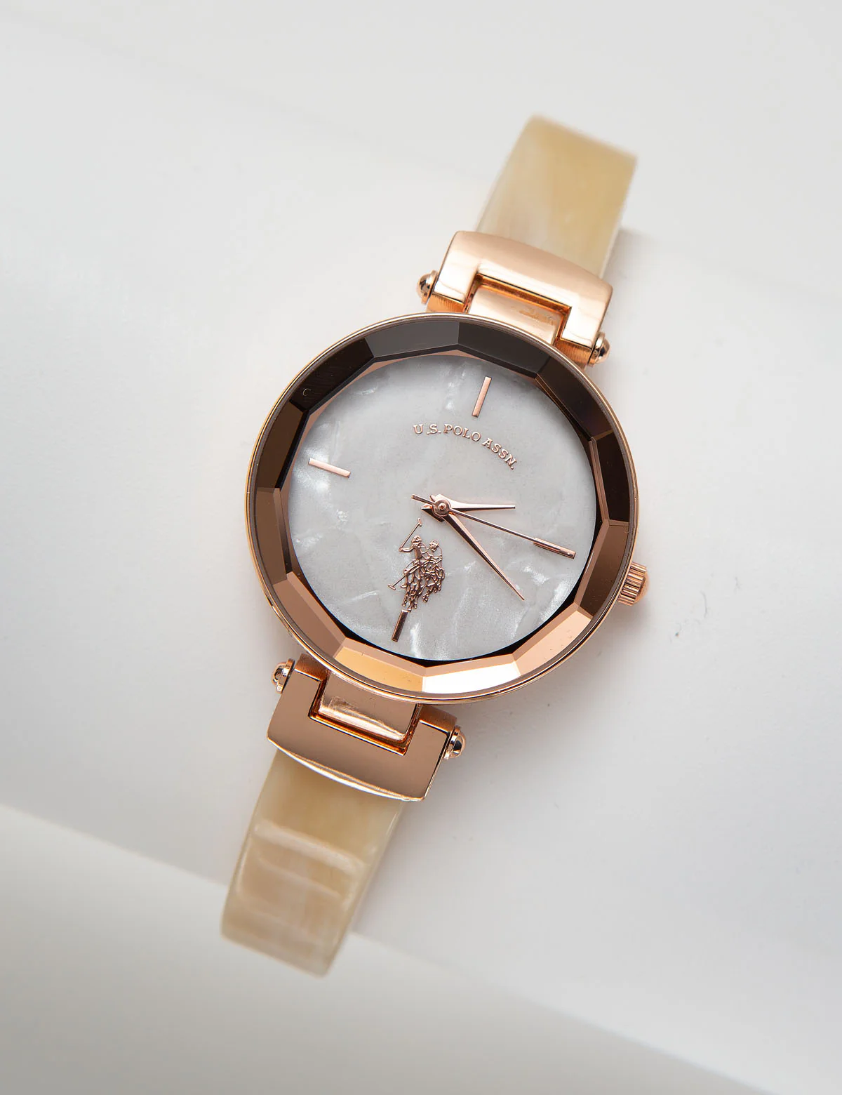 LADIES TORTOISE RESIN BANGLE WATCH WITH WHITE DIAL