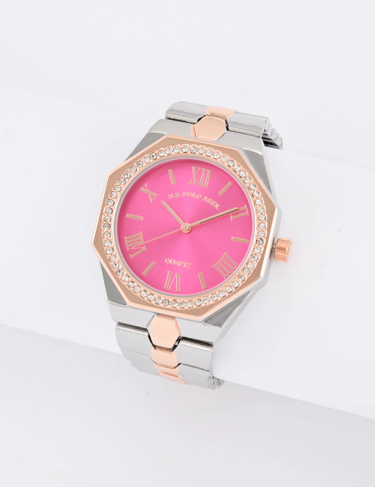 LADIES TWO TONE LINK WATCH WITH PINK FACE