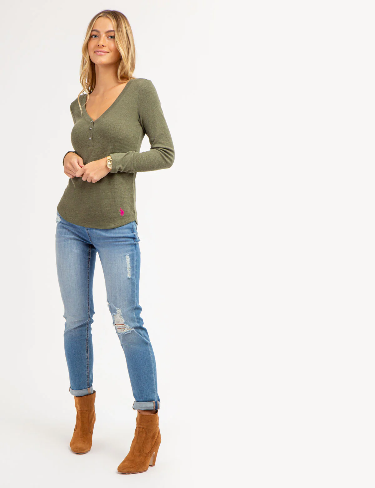 LONG SLEEVE WAFFLE KNIT HENLEY TOP WITH RHINESTONE BUTTONS - Image 18