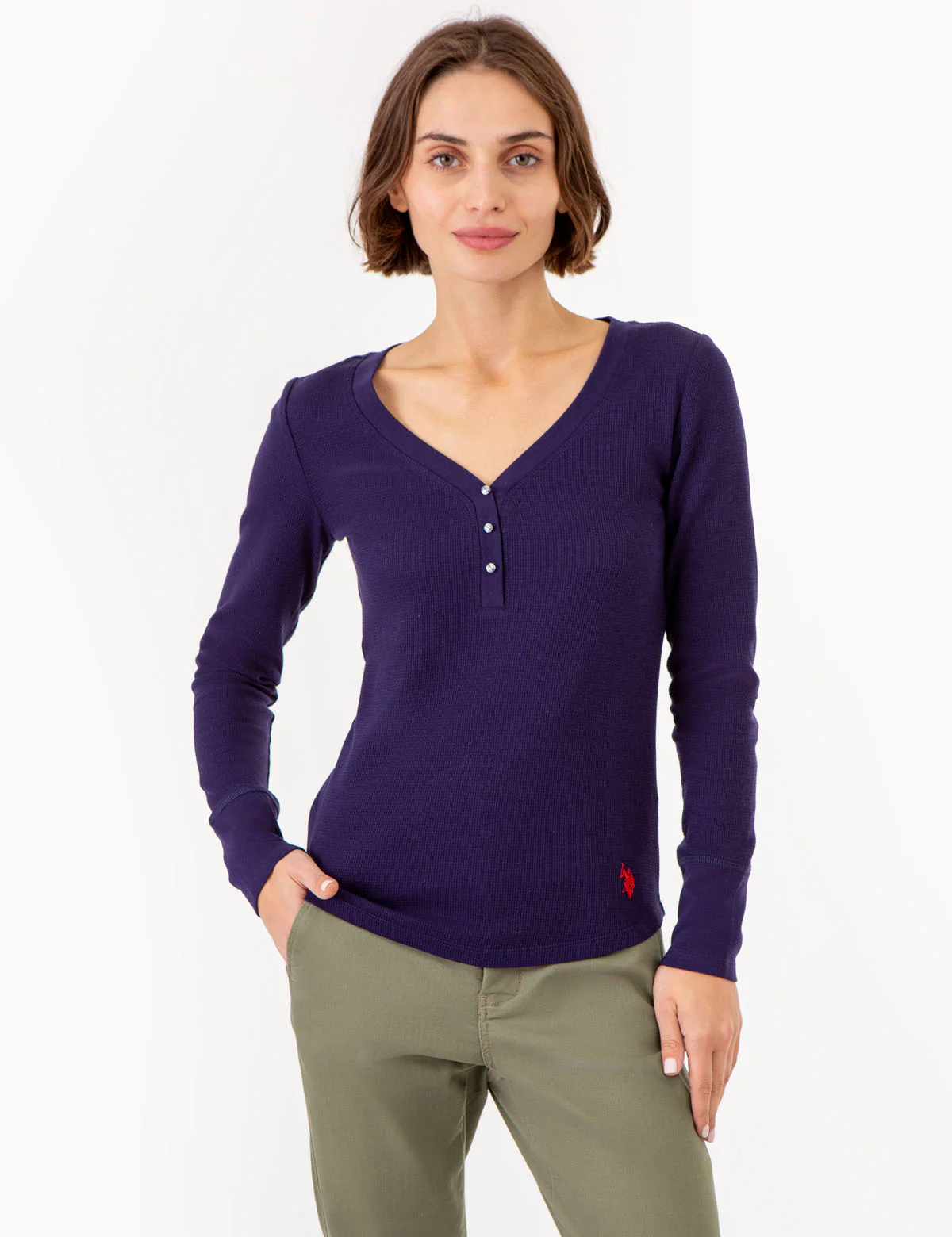 LONG SLEEVE WAFFLE KNIT HENLEY TOP WITH RHINESTONE BUTTONS - Image 4