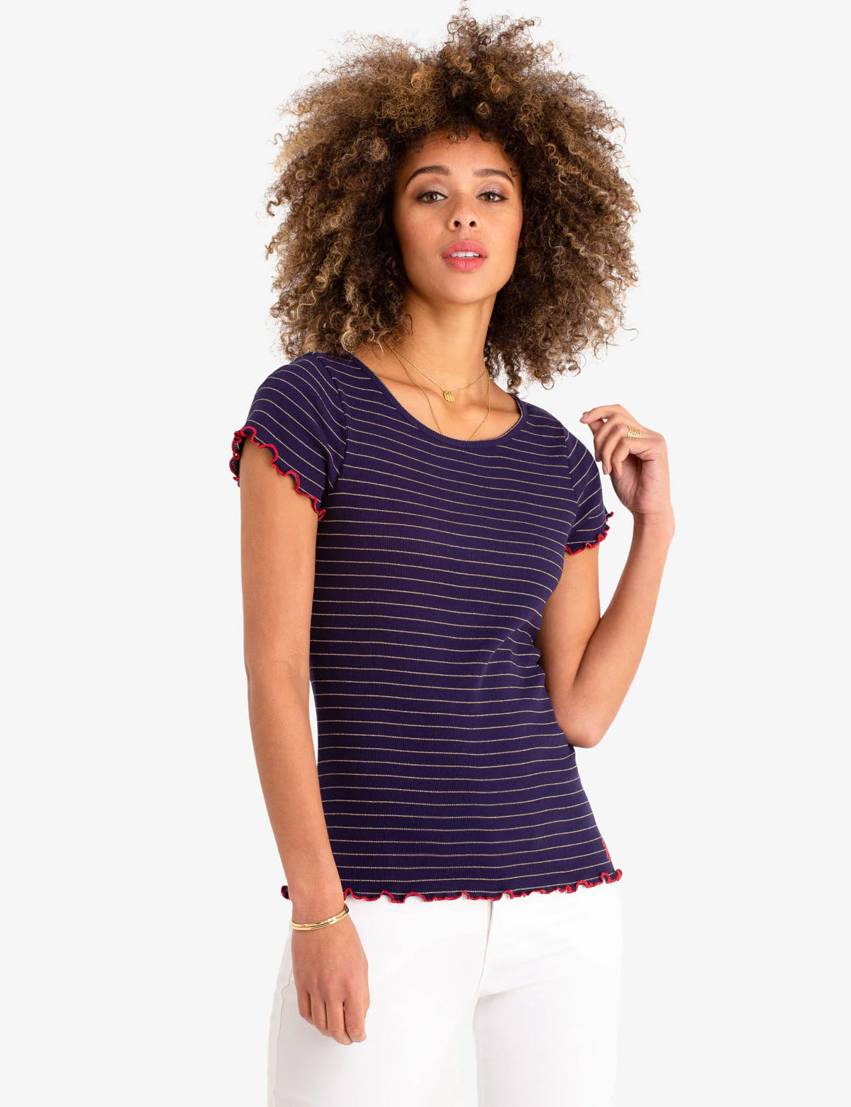 LUREX STRIPE RUFFLE SLEEVE TOP