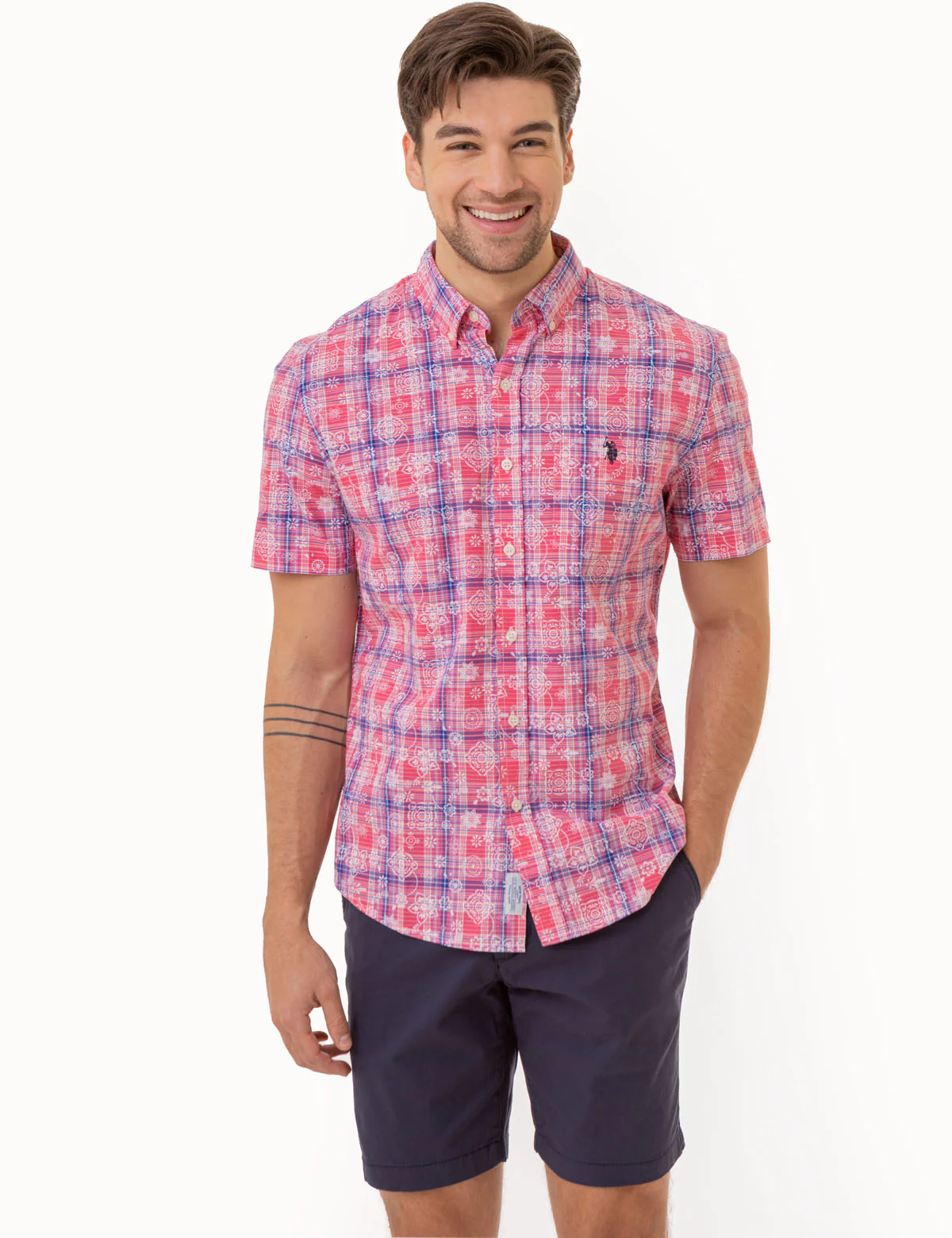 MADRAS FLORAL PLAID PRINT SHIRT WITH POCKET