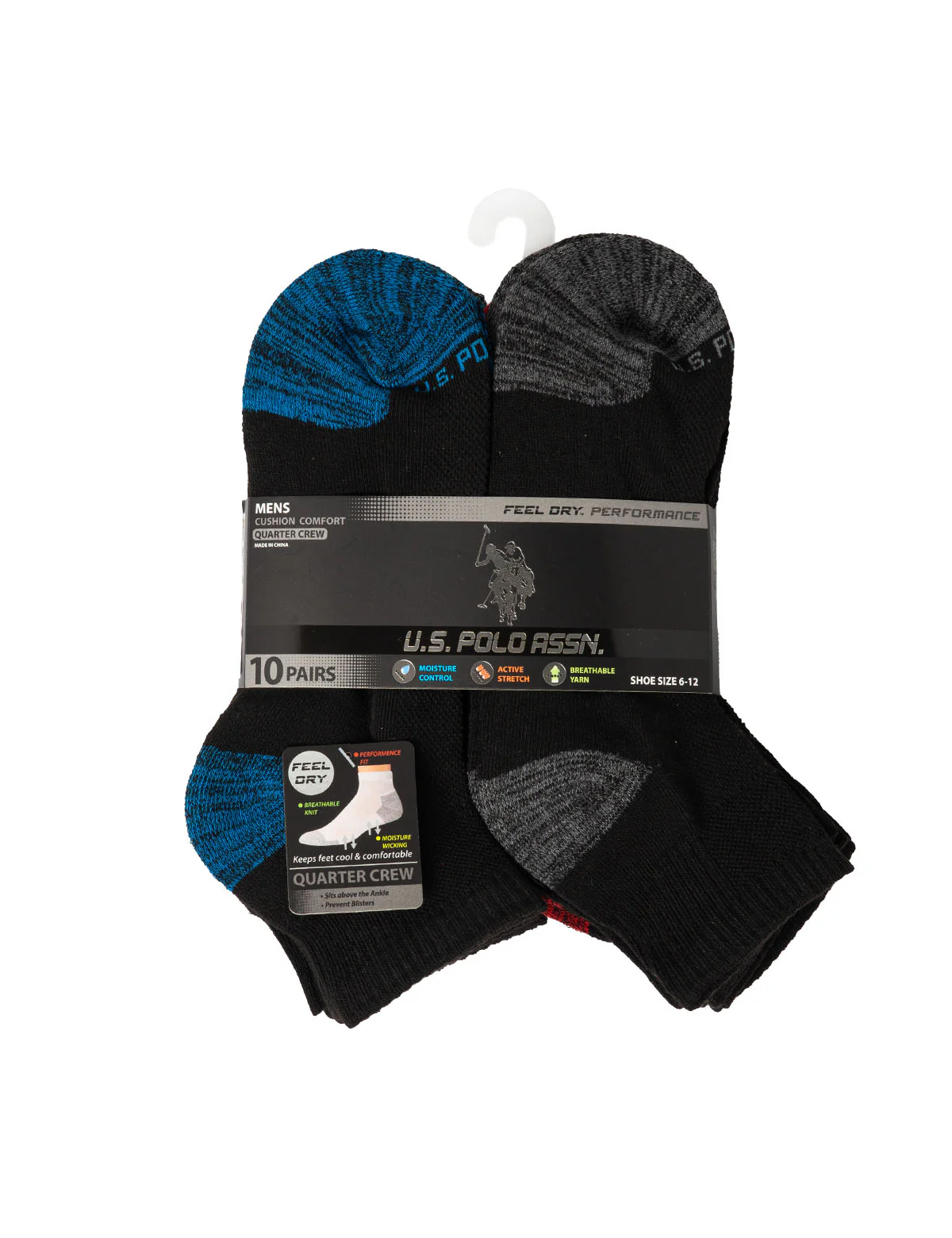 MENS 10PK BLACK TIPPED QUARTER CREW SOCKS - Image 2
